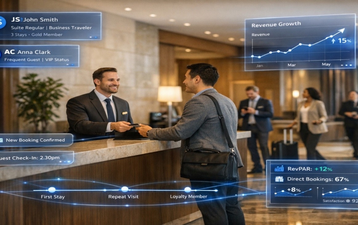 Modern hotel lobby scene showing a guest checking in at reception with digital data overlays highlighting guest profiles, bookings, and revenue insights.